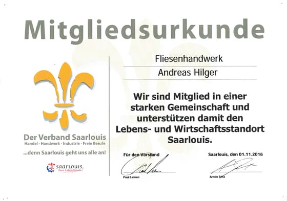 Urkunde: Mitglied im Verband Saarlouis